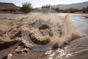 flash flood in a desert, with the water rushing through the sand