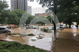 flash flood overtaking city park, with debris and cars floating in the water