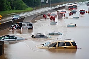 flash flood rescue on a busy highway with cars stranded in the rising water