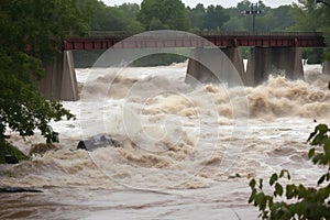 flash flood roars past bridge, with water levels rising and threatening to topple the structure