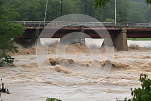 flash flood roars past bridge, with water levels rising and threatening to topple the structure