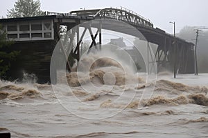 flash flood roars past bridge, with water levels rising and threatening to topple the structure