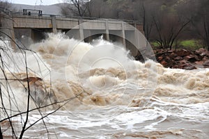 flash flood roars past bridge, with water levels rising and threatening to topple the structure photo