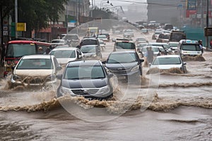 flash flood rushes through city, with cars and people trying to escape the deluge