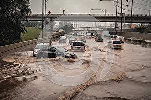 flash flood rushing over bridge, with cars and people in its path