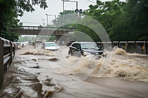 flash flood rushing over bridge, with cars and people in its path