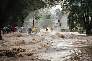 flash flood rushing over riverbank and into neighborhood, with people fleeing the rising water