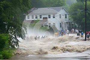 flash flood rushing over riverbank and into neighborhood, with people fleeing the rising water