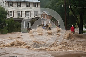 flash flood rushing over riverbank and into neighborhood, with people fleeing the rising water