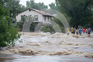 flash flood rushing over riverbank and into neighborhood, with people fleeing the rising water