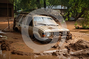 flash flood waters rushing past abandoned car, with only the roof visible