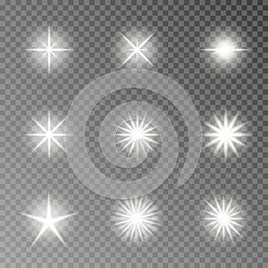 Flash light camera effect vector. Twinkle sparkle isolated on transparent background. Glare lens col