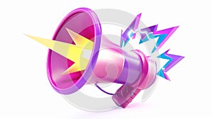 Flash lightning bolts appear on a 3D render of a bullhorn or loudspeaker. Announcement, sale notification, news
