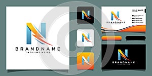 Flash N letter logo, electric bolt logo vector with business card design template