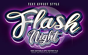 Flash night text effect style, 3d alphabet font lettering, modern typography fan, club typeset neon illustration