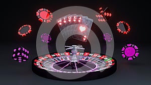 Flash Royal Poker Cards, Roulette Wheel and Casino Chips - 3D Illustration