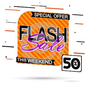 Flash Sale, 50% off, special offer, banner design template, discount tag, vector illustration