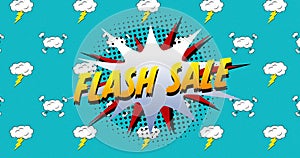 Flash Sale announced with a retro comic design on a blue background