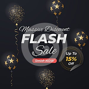 Flash Sale banner in black background with glowing balloon offer up to 15%. Massive Discount. Shop Now. Vector illustration.