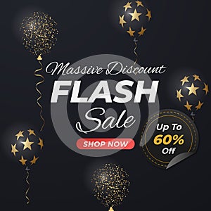 Flash Sale banner in black background with glowing balloon offer up to 60%. Massive Discount. Shop Now. Vector illustration.