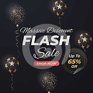 Flash Sale banner in black background with glowing balloon offer up to 65%. Massive Discount. Shop Now. Vector illustration.