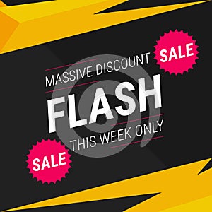 Flash Sale banner with black background and special offer. Massive Discount.