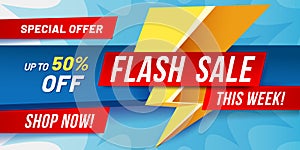 Flash sale banner. Lightning sales poster, fast offer discount and only now offers deals vector illustration