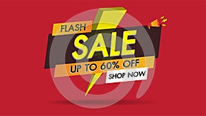 Flash sale banner promotion template design on red background with golden thunder.Big sale special 60% offer labels.End of season
