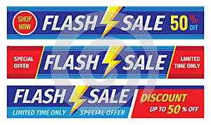 Flash sale banner set. Discount up to 50% off. Graphic concept layout. Vector illustration.