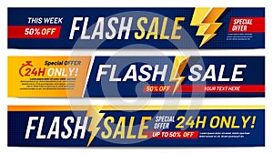 Flash sale banners. Lightning offer sales, only now deals and discount offers lightnings banner layout vector