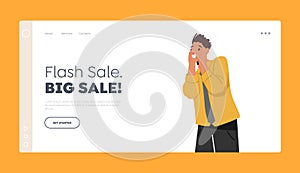 Flash Sale, Big Sale Landing Page Template. Young Caucasian Man with Open Mouth Holding Face, Wow Surprised Emotion
