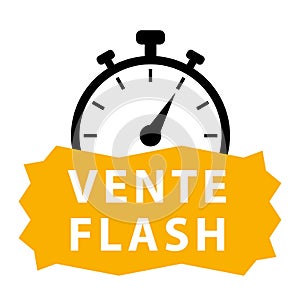 Flash sale in french. Yellow and black vector icon with chronometer.