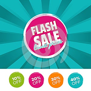 Flash sale lowest prices color banner and 10%, 20%, 30% & 40% Off Marks. Vector illustration.