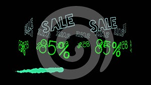 Flash sale neon sign animation fluorescent light glowing banner black background. sale 85% OFF