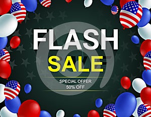 Flash sale poster banner with American flag balloon.
