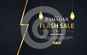 Flash sale Ramadan banner template. This illustration can also be for web banners. Geometry ornament islamic luxury dark blue with