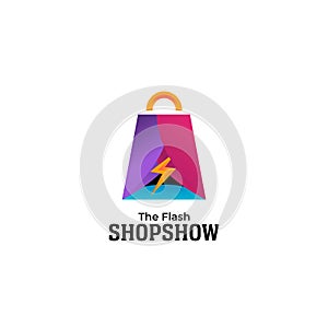 Flash sale shop show logo, symbol icon logo design for instant quick shop or show in shopping bag shape with curtains