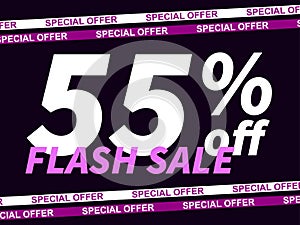 Flash sale, special offer 55% off. Sale tape ribbon and text on black background. Black friday. Design for promotional items,