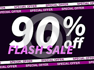 Flash sale, special offer 90% off. Sale tape ribbon and text on black background. Black friday. Design for promotional items,