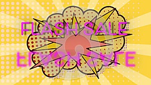 Flash sale text with reflection effect over retro speech bubble against yellow radial background