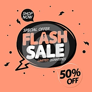 Flash Sale, up to 50% off, discount poster design template, store offer banner. Season shopping, promotion banner.