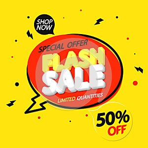 Flash Sale, up to 50% off, discount poster design template, store offer banner. Season shopping, promotion banner.