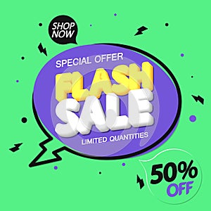 Flash Sale, up to 50% off, discount poster design template, store offer banner. Season shopping, promotion banner.