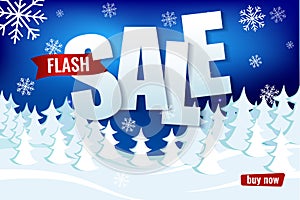 Flash sale up to 50 percent. Paper style text on the background of winter snow forest.