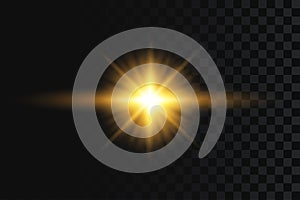 Flash or star light effect on transparent background. Golden glowing flash with gold rays and lights. Vector