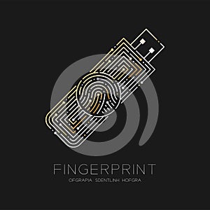 Flash or usb drive shape Fingerprint pattern logo dash line, Gadget concept design illustration gold and silver isolated on black