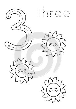 Flashcard number 3. Preschool worksheet. Black and white cute sun.