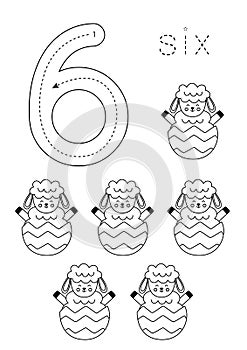 Flashcard number six. Preschool worksheet. Easter worksheet