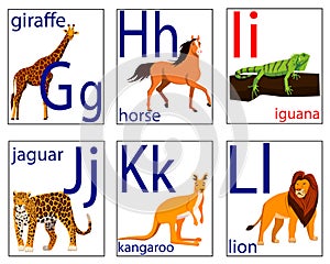 Flashcards for kids with letters and pictures of animals to learn the English alphabet