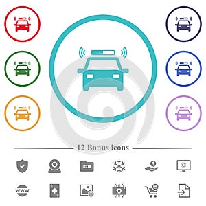 Flashing police car flat color icons in circle shape outlines